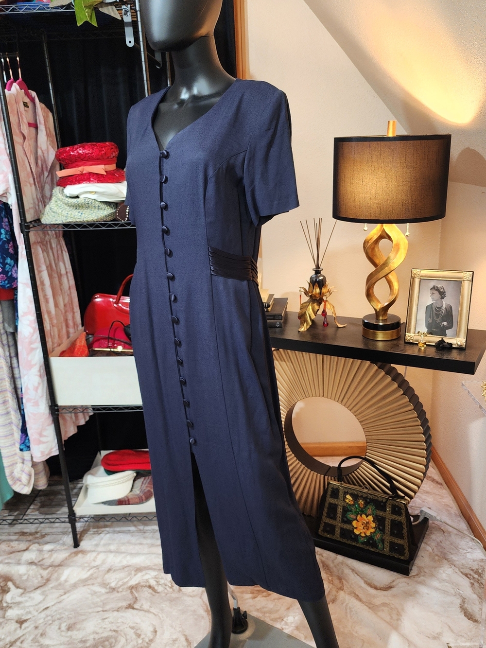 Vintage 1990s Betsy's Things Navy Button Front Midi Dress Rayon Acetate Size 10